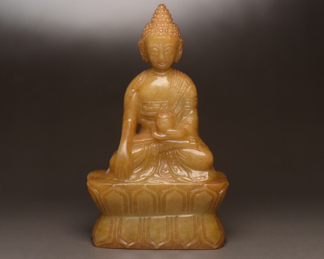 Antique Chinese Hetian Jade Hand Carving Buddha Statue Decor Collections Artwork