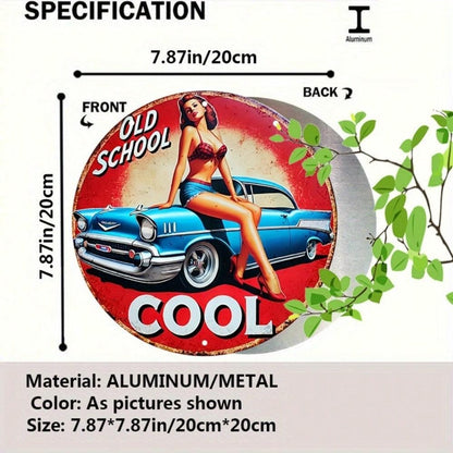 Vintage 8x8 Round Tin Sign Pin Up Girl Retro Car Cool Girl Wall Art for Home