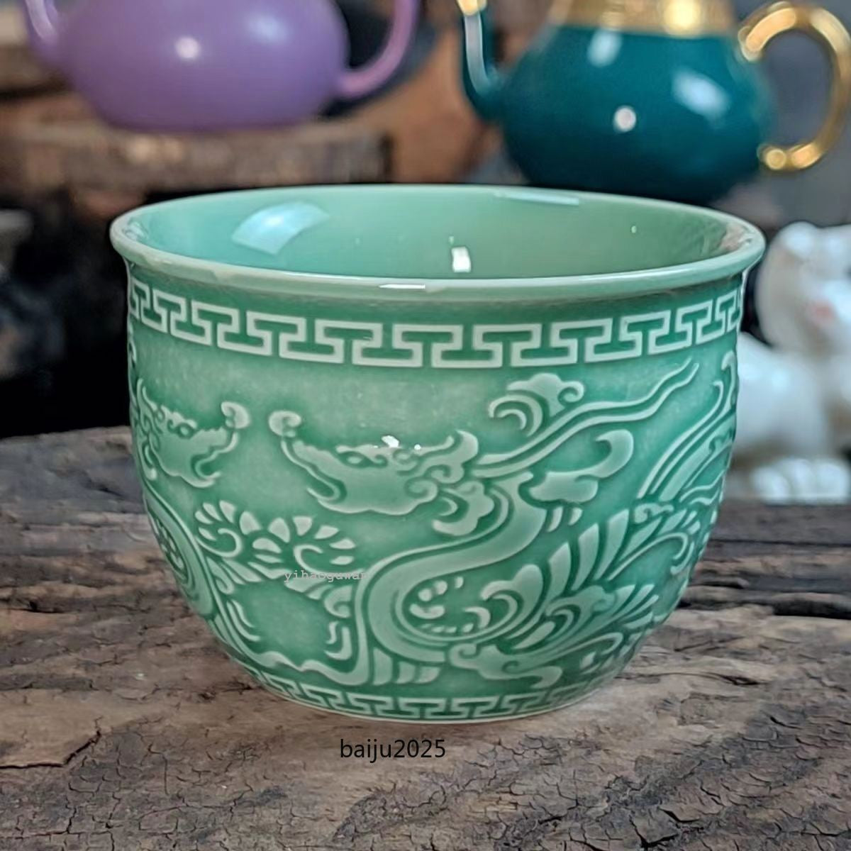 125ML Chinese antique green glazed dragon patterned master tea cup