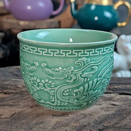 125ML Chinese antique green glazed dragon patterned master tea cup