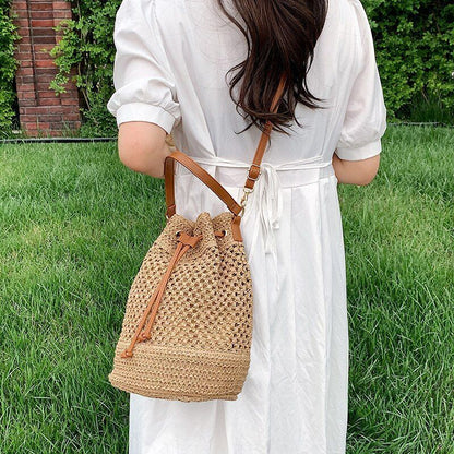 Drawstring Straw Bucket Bag Woven Shoulder Purse Handbag Polyester Crossbody Bag