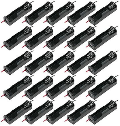 25 Pack 1 AA Battery Holders w\ Wire Leads -Plastic, Black, 2.3" x 0.65" x 0.52"