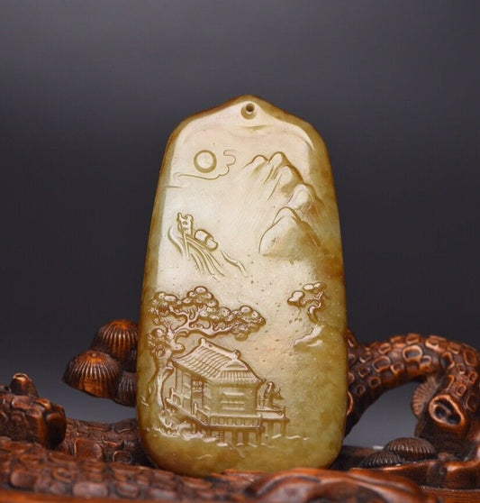 Chinese Natural Hetian Jade Carving Landscape Statue Exquisite Pendant Jewelry