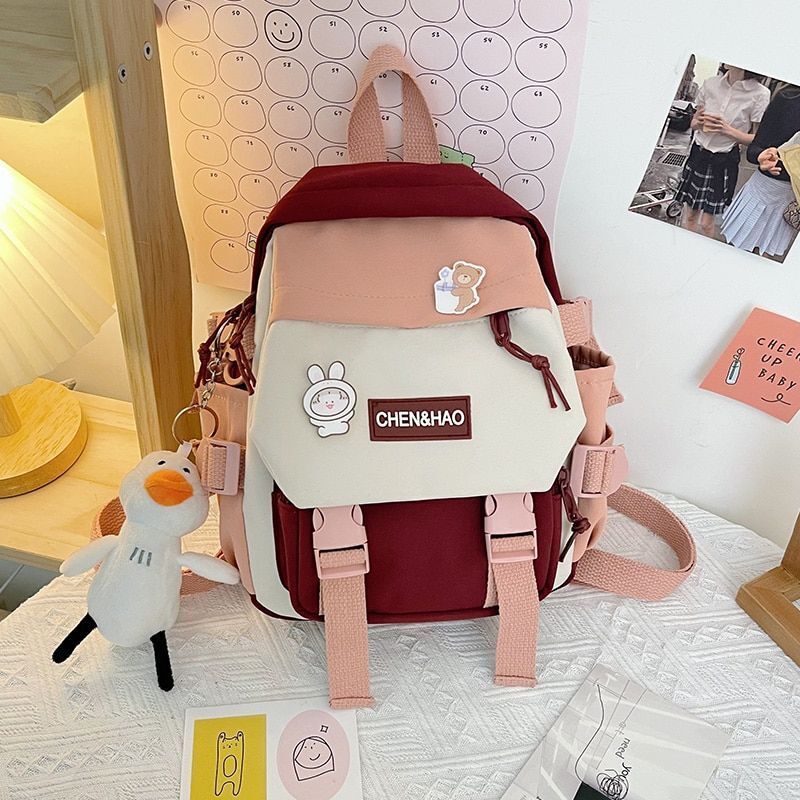 Small Backpack Contrasting Color School Bag Waterproof Nylon Casual Schoolbag