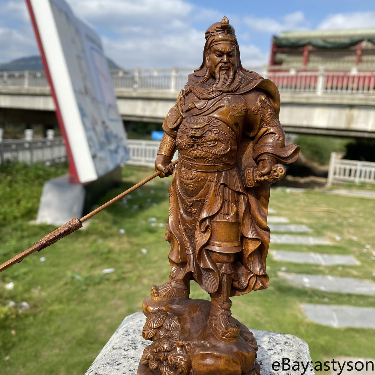 Chinese Natural Boxwood Hand Carved Exquisite Guan Yu Statue