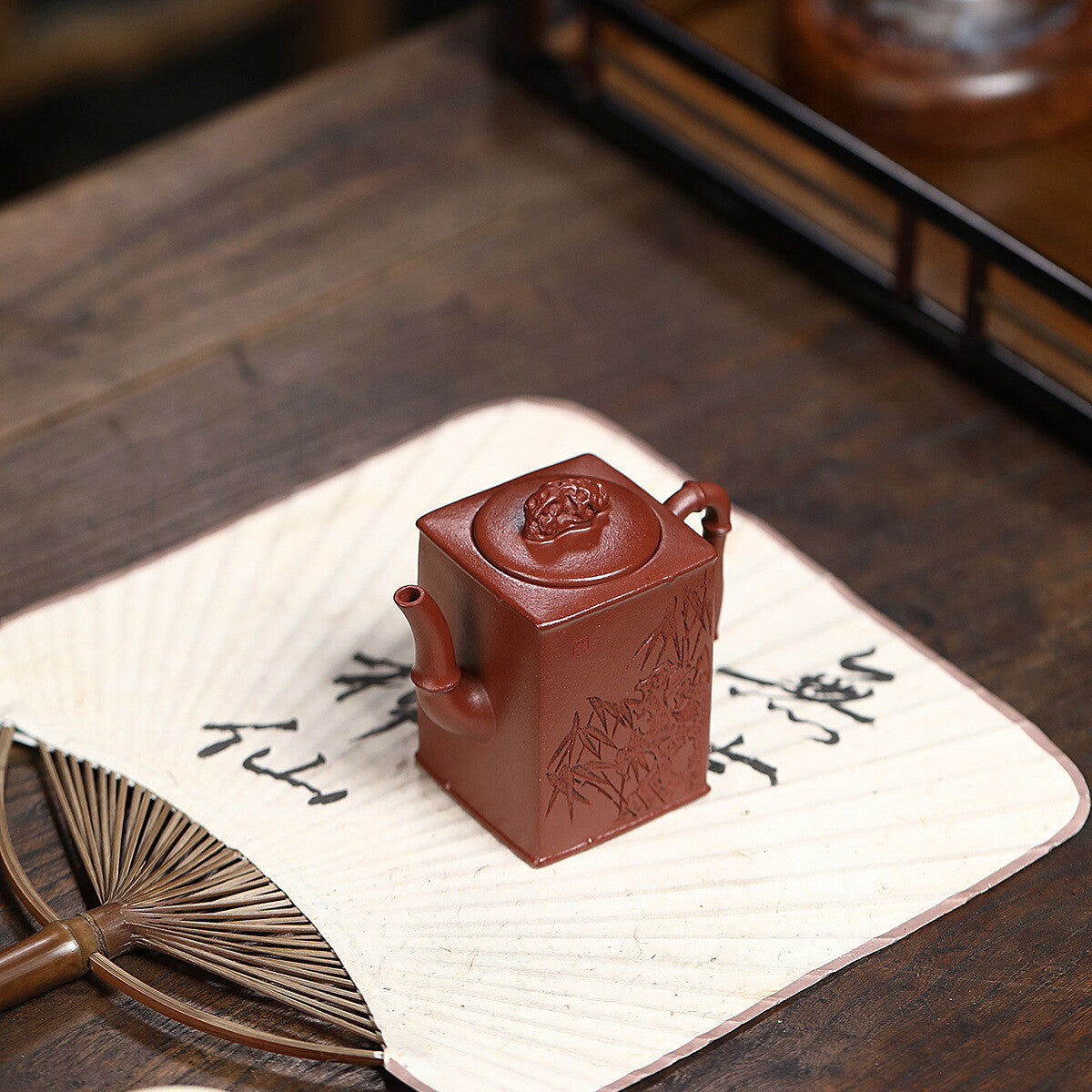 Handmade Carved Bamboo Chinese Characters Real Yixing Zisha Purple Grit Tea Pot