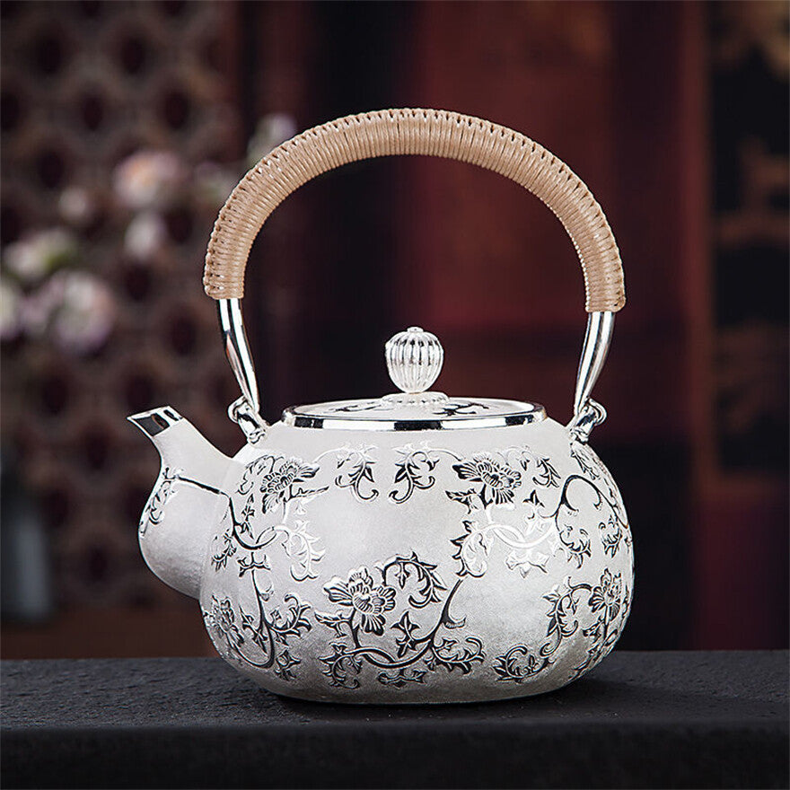Sterling Silver Tea Set Stove Kettle Tea Pot Tea Cups Pure 999 Silver Snowflake