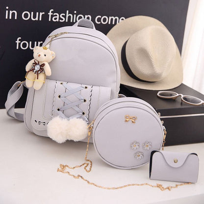 Leather Three Piece Backpack Sets Women Fashion Leather Backpack Card Holder 1PC
