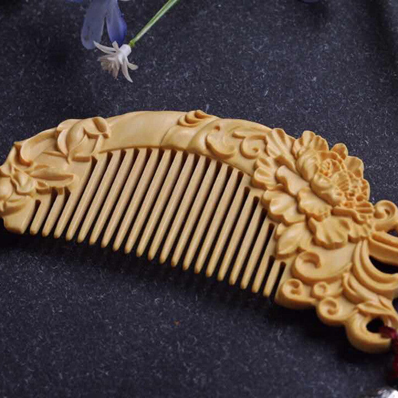 140*65*13mm Peony Flowers  Pattern Hand Carving Boxwood Crafts Gift Comb