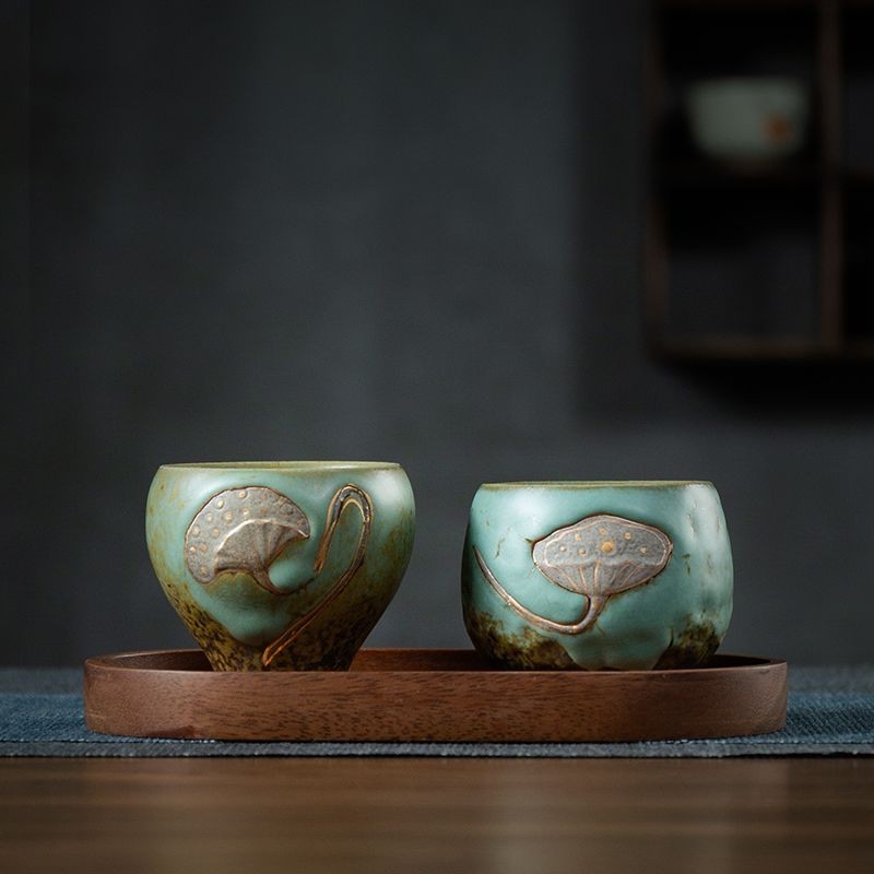 Lotus Pod Couple Cup Set Rough Pottery Stone Green Glaze Master Tea Cup Gift Box