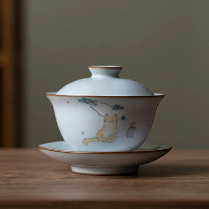 160ml Traditional Ceramic Tureen Bowl Handmade Cat Pattern Gaiwan Cup Tea Set