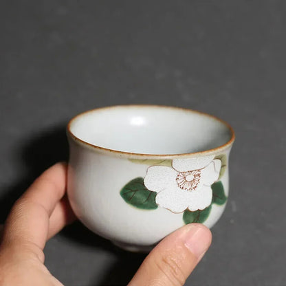 Ru Kiln Ceramic Teacup Travel Portable Hand Painted Flower Tea Bowl Handmade