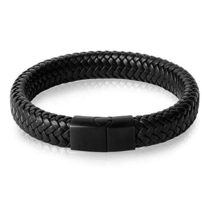 Black Bracelet Men's Braided Leather Bangle Stainless Steel Cuff Wristband
