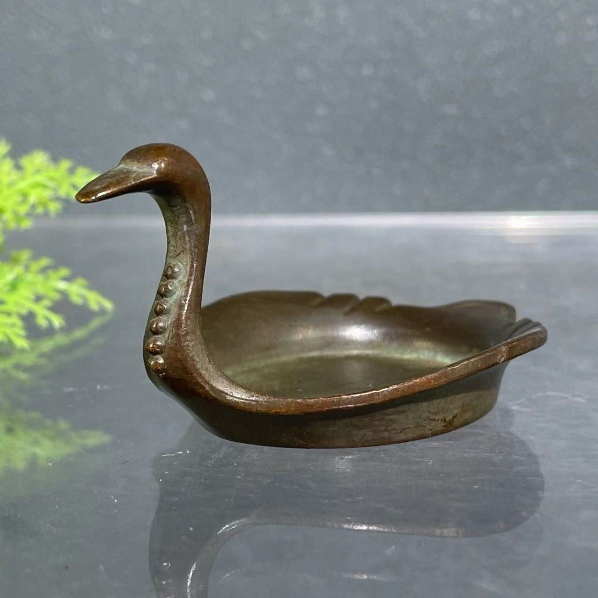 Antique Bronze Swan Brush Washer Incense Burner Tea Table Decor Dish