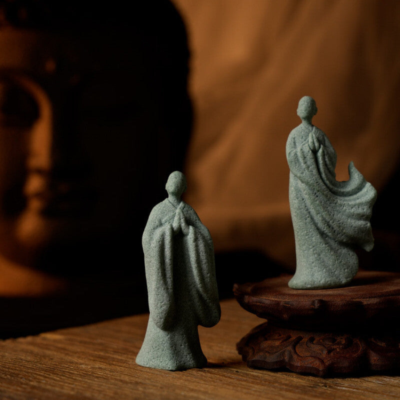 Zen Green Sand Stone Chinese Monk Tea Ceremony Buddha Bonsai Tank Decoration