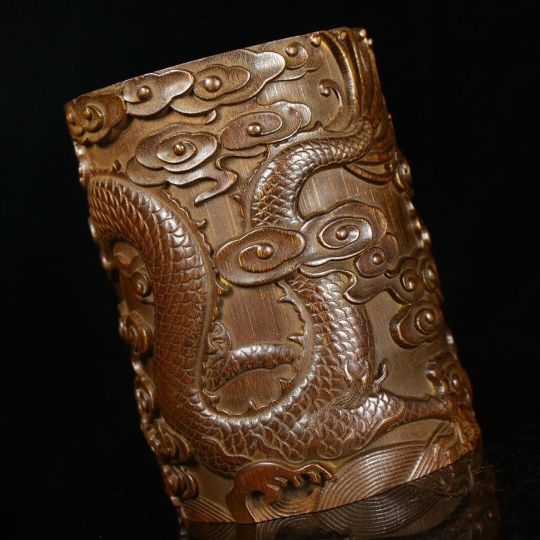Old Chinese Natural Bamboo Hand Carved Exquisite Dragon Brush Pot Pen Holder