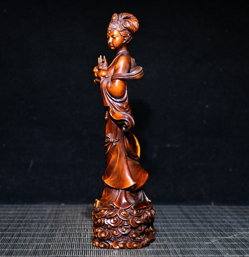 Chinese Antique Wood Hand Carved Boxwood Classical Beautiful Woman Statue