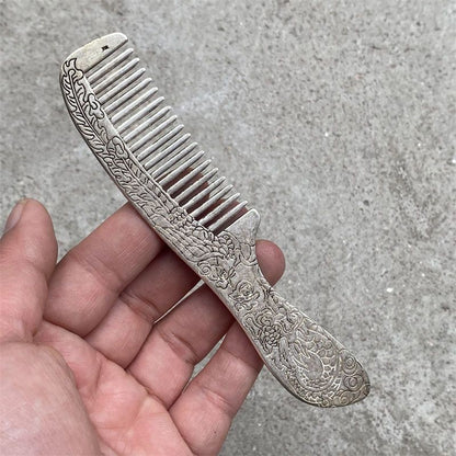 Handmade Tibetan Silver Comb Dragon Phoenix Carved Hair Comb Decorative Piece