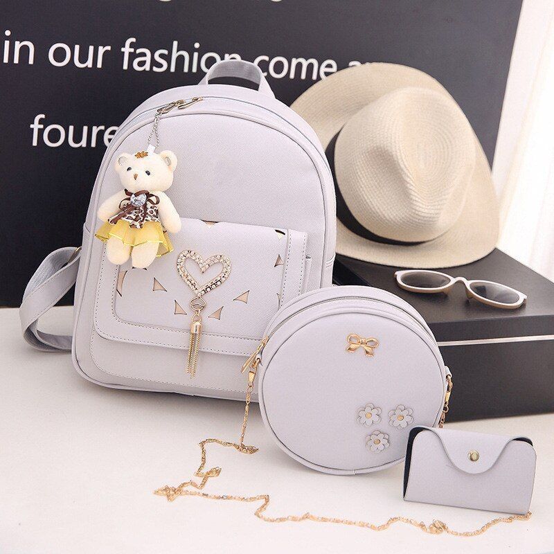 Leather Three Piece Backpack Sets Women Fashion Leather Backpack Card Holder 1PC