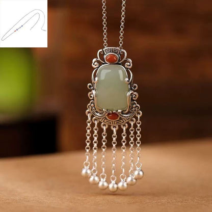 Vintage Tassel Bell Pendant Necklace Natural Jade Agate Silver Plated Set