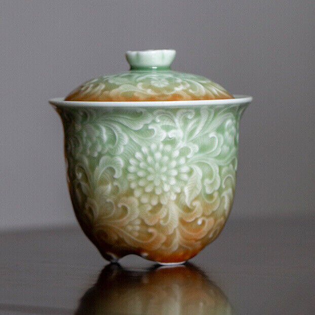 Retro Chinese Style Celadon Carved Flower Relief Ceramic Tea Tureen Gaiwan