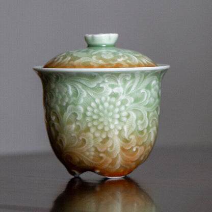 Retro Chinese Style Celadon Carved Flower Relief Ceramic Tea Tureen Gaiwan