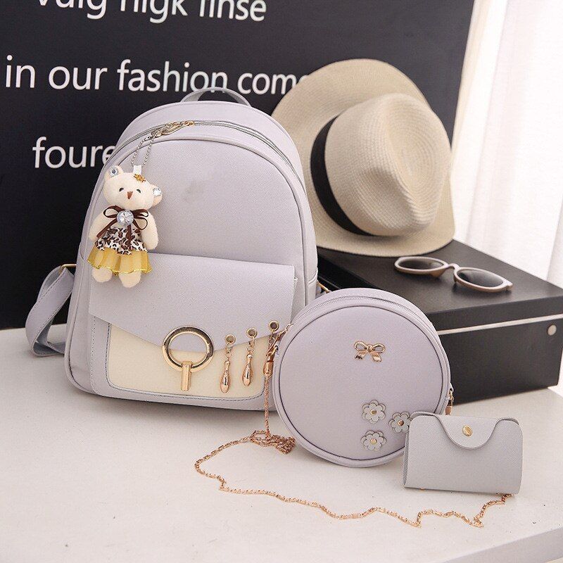 Leather Three Piece Backpack Sets Women Fashion Leather Backpack Card Holder 1PC