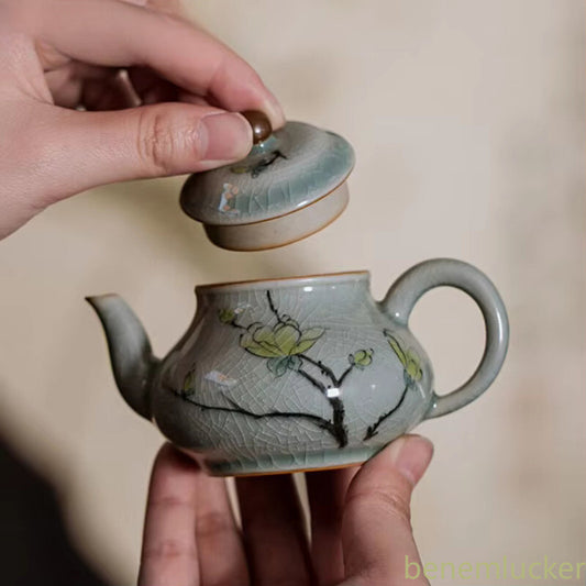 Handmade Borneol Glazed Ceramic Teapot Hand-painted Lotus Pot Household Qingci