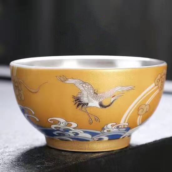 Ceramic Tea Cup Sterling Silver Master Cup Crane Print Chinese Kungfu Cup Of Tea