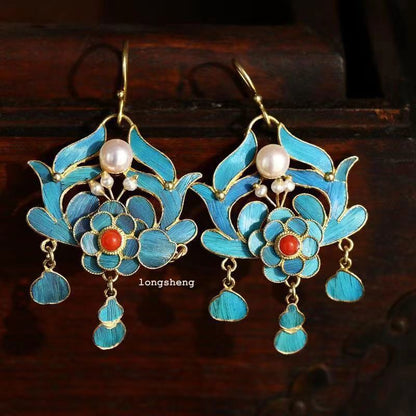 A pair of Chinese antique choked enamel cloisonn é craft earrings