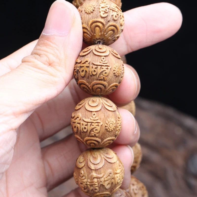 20mm Chinese Retro Natural Sandalwood Handmade Carving Beaded Bracelet