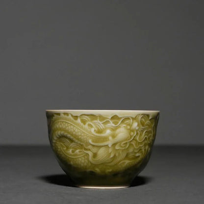 Ceramic Embossed Dragon Teacups Celadon Kung Fu Master Cup Traditional Chinese