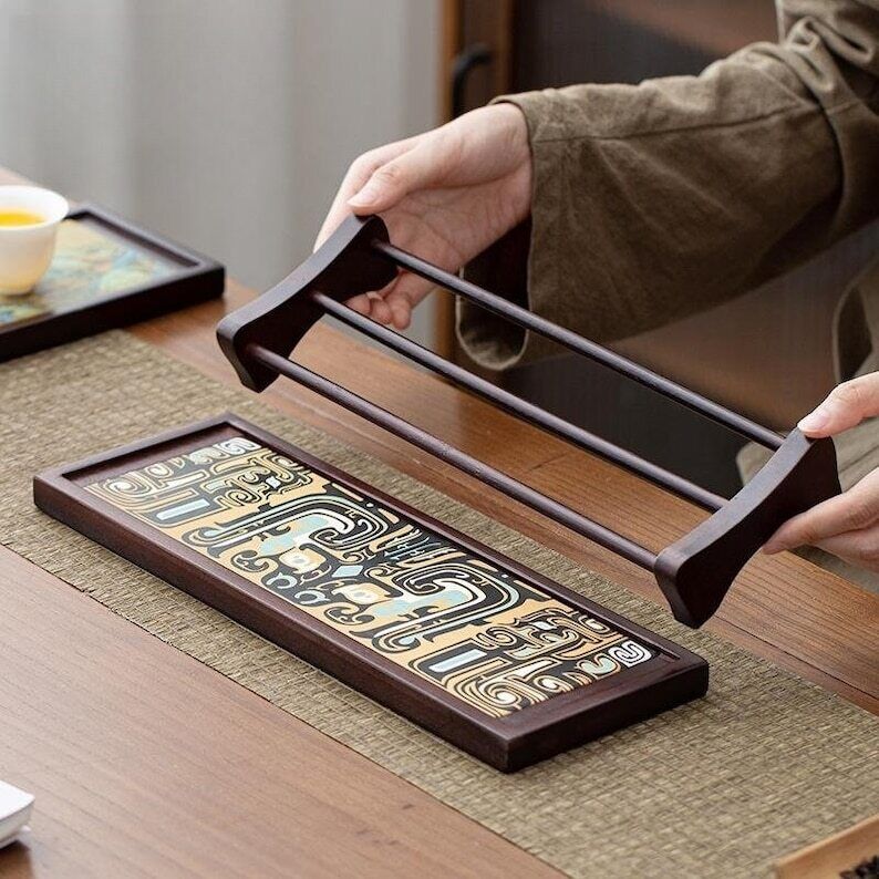 Absorbent Ceramic Tea Tray with Cup Holder|Bamboo Gong Fu Tea Tray