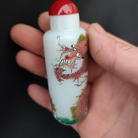 Peking Glass Snuff Bottle Painting Chinese Dragon Statue Pink Rare Lung Figurine