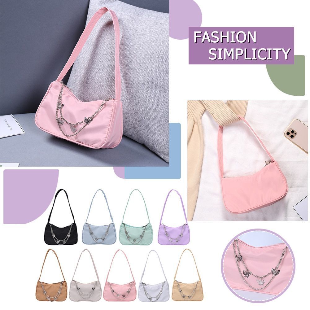 Women Small Shoulder Underarm Bag Leather Nylon Vintage Chain Zipper Handbags