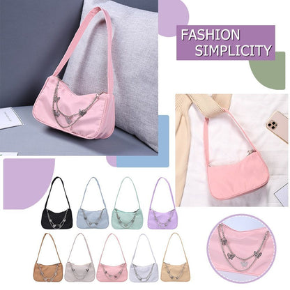 Women Small Shoulder Underarm Bag Leather Nylon Vintage Chain Zipper Handbags