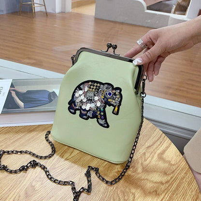 Vintage Shell Lock Embroidery Bags Synthetic Leather Chain Shoulder Purses Blue