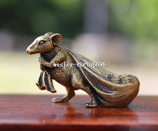 6 cm Pure Bronze Copper Zodiac Animal Rat Mouse Bring Wealth Sack Statue
