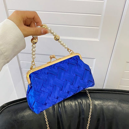 Luxury Shoulder Bag Fashion Pearl Chain Handbag Ribbon Weave Purse Crossbody Bag