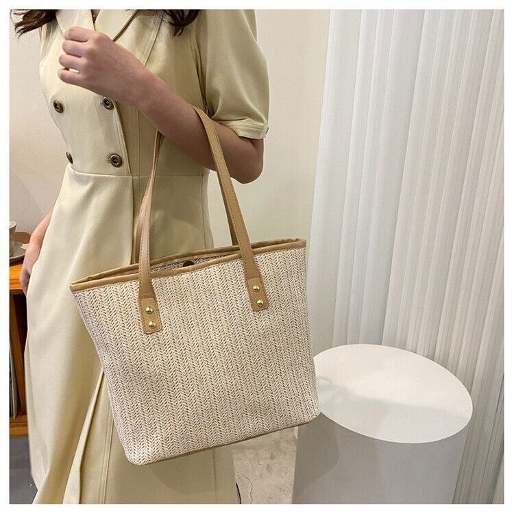 Women Jute Shoulder Handbag Tote Bag for Travel Beach Park Grocery Shopping
