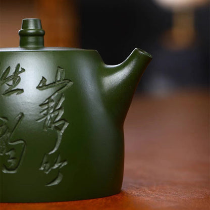 True Yixing Zisha Republic Green Clay Tea Pot Marked Bamboo Carved Chinese Pots