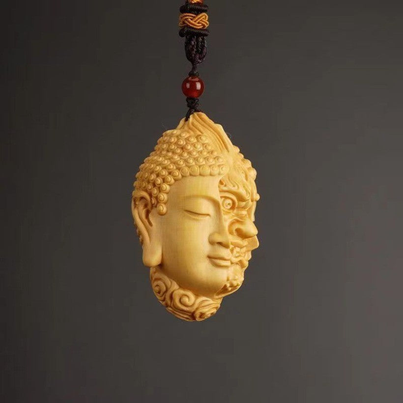 Boxwood Carved Buddha Devil Head Pendant Wooden Sculpture Statue Decor