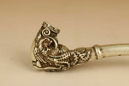 Rare Tibet Silver copper Smoking Tool Statue Old Sacred Opening Dragon Head pipe