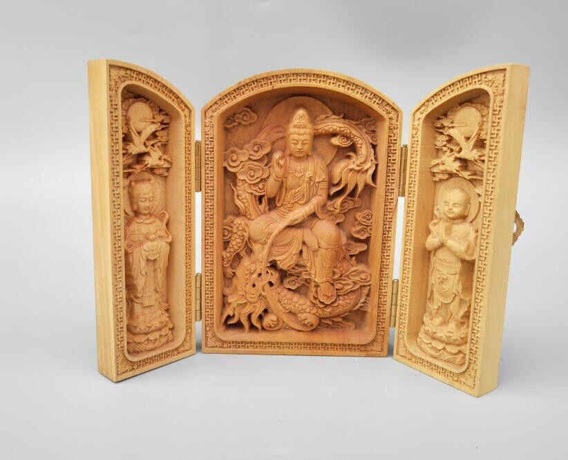 Chinese wood carving guanyin bodhisattva Buddha Riding dragon statue