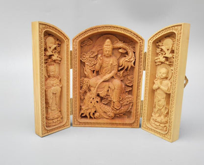 Chinese wood carving guanyin bodhisattva Buddha Riding dragon statue