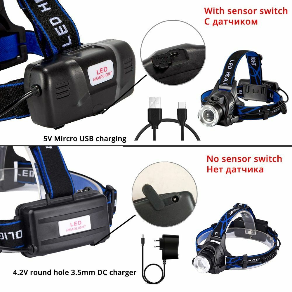LED Headlamp Super Bright Sensor Zoomable Fishing Lamp Lighting 18650 Batteries
