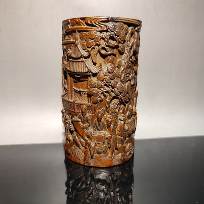 chinese carved brush pot pots pen case statue wood carving Happy child story men