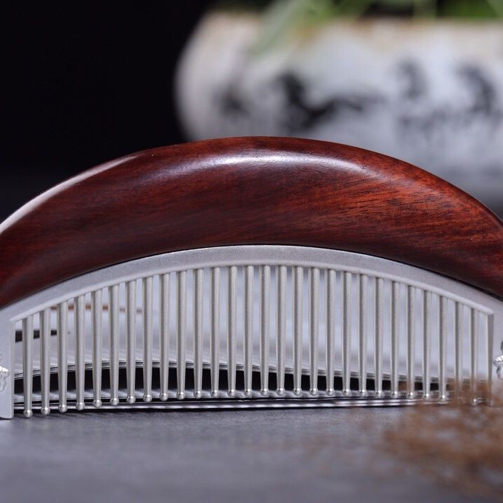 African Red Sandalwood Comb Alloy Silver-Plated Portable Chinese Meridian Comb