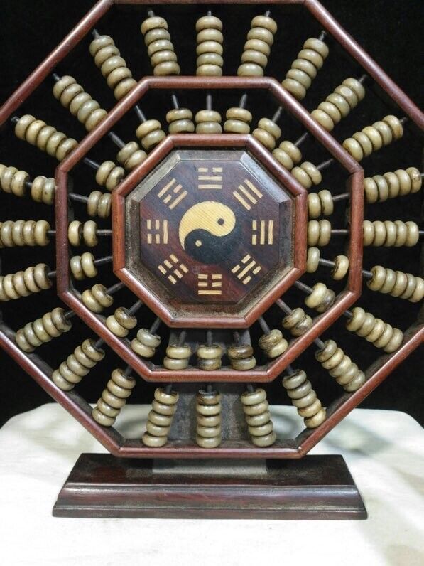 23cm Old Chinese hongtan Wood Tai Ji Ba Gua Counting Frame Lucky Abacus statue