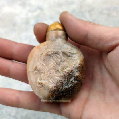 Chinese Dragon Statue Carved Shoushan Stone Snuff Bottle Yellow Multicolour Rare